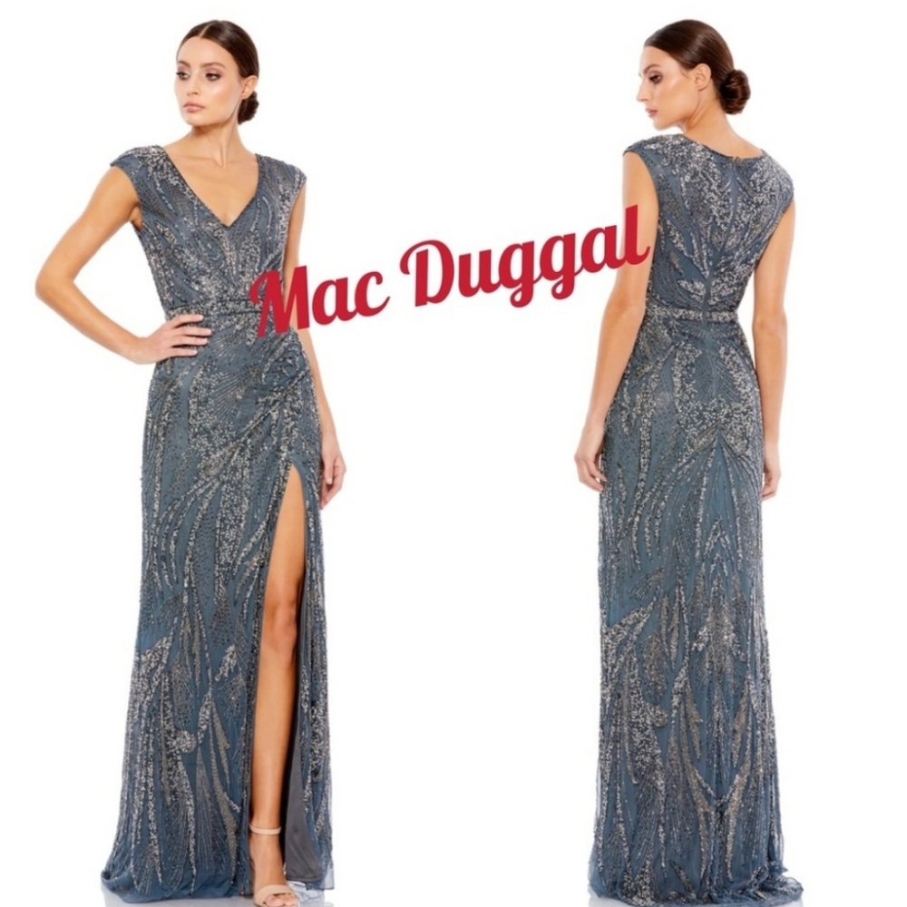 Mac Duggal Blue Charcoal Sequin Mother of the Bride Formal Gown. Stunning Size 4